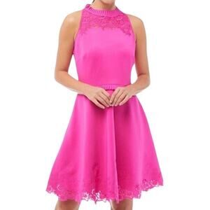 Ted Baker Zaffron Embroidered Skater Dress US Sz 6 Fuchsia Pink Ruffle Fit Flare